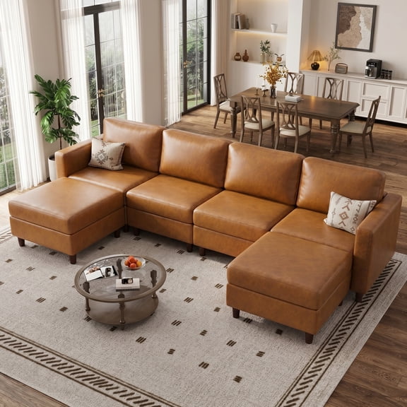 WACASA 118.5" Faux Leather Modular Sectional Sofa, Tool-Free Assembly U Shaped 6-Seater Cloud Couch with Storage Ottoman, Brown