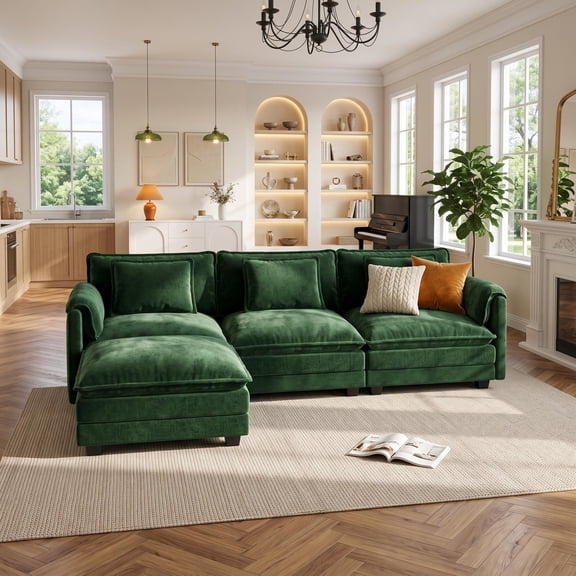 WACASA 120" Oversized Modular Sectional Cloud Sofa with 1 Movable Ottoman, Extra Deep Seat Couch for Living Room, Chenille Green