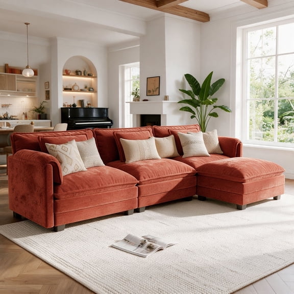 WACASA 120" Oversized Modular Sectional Sofa, 3-Seater Chenille Deep Seat Modern Sofa Couch for Living Room, Terracotta Orange