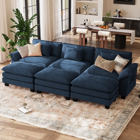 WACASA 120" Oversized Modular Sectional Sofa Bed, Comfy Cloud Couch w/ 3 Movable Ottoman, 6-Seater Chenille Deep Seat Modern Sofa for Living Room, Blue