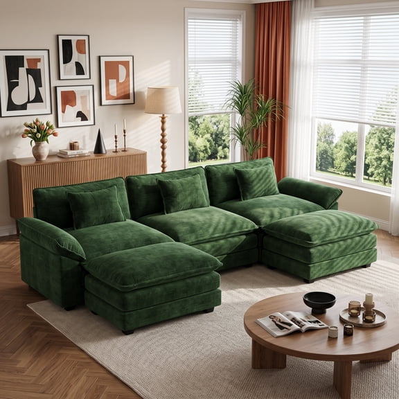 WACASA 120" Oversized Modular Sectional Sofa with 2 Movable Ottomans, 5-Seat U-Shaped Chenille Deep Seat Cloud Couch for Living Room, Green