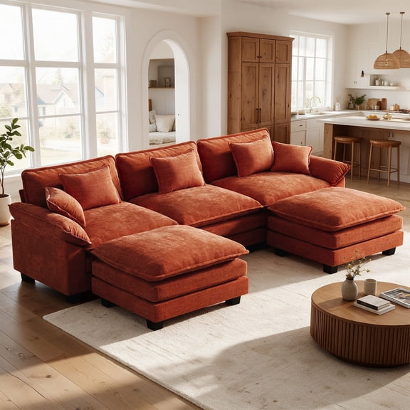 WACASA 120" Oversized Modular Sectional Sofa with 2 Movable Ottomans, 5-Seat U-Shaped Chenille Deep Seat Cloud Couch for Living Room, Terracotta Orange