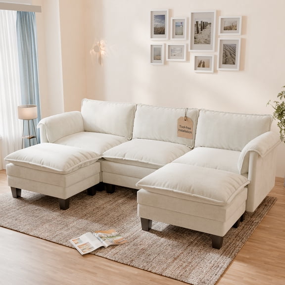 WACASA 120" Oversized Modular Sectional Sofa with 2 Movable Ottomans, 5-Seat U-Shaped Chenille Deep Seat Cloud Couch for Living Room, Beige