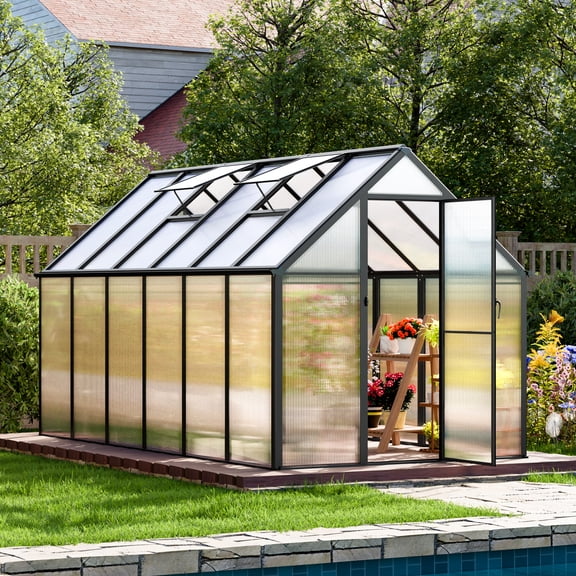 WACASA 12x6FT Walk-In Greenhouse for Outdoors, Aluminum UV-Resistant Polycarbonate Greenhouse Kit with Adjustable Roof Vents, Swing Door and Gutters