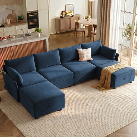 WACASA 134.6" Velvet Modular Sectional Sofa with Storage Ottoman, Tool-Free Assembly U Shaped Cloud Couch for Living Room, 4-Seat, Blue