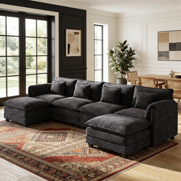 WACASA 150" Oversized Modular Sectional Sofa with Deep Seat, Large 6-Seater U Shaped Couch Set with Movable Ottoman and Throw Pillows, Comfy Chenille Cloud Couch for Living Room, Black