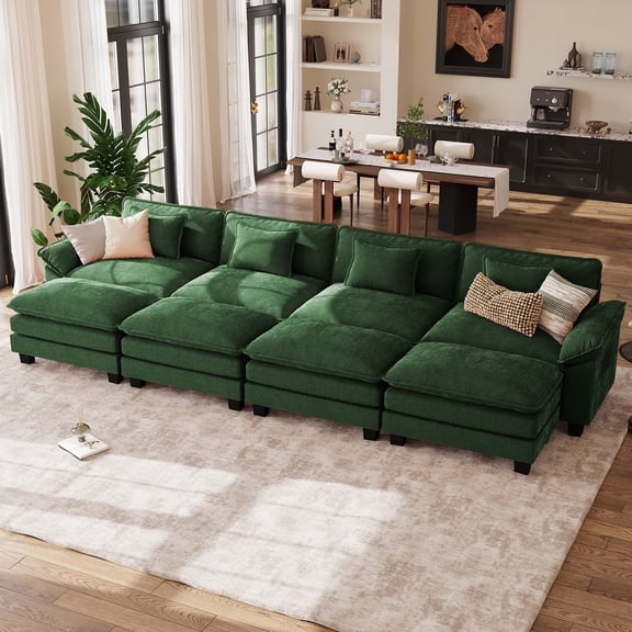 WACASA 154" Oversized Modular Sectional Sofa Bed, Comfy Cloud Couch w/ 3 Movable Ottoman, 8-Seater Chenille Deep Seat Modern Sofa for Living Room, Green