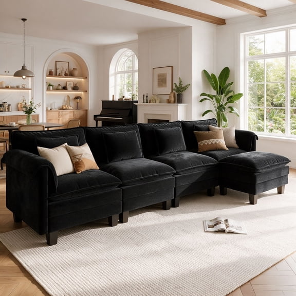 WACASA 154" Oversized Modular Sectional Sofa with 1 Movable Ottoman, 5-Seat L-Shaped Chenille Deep Seat Cloud Couch for Living Room, Black