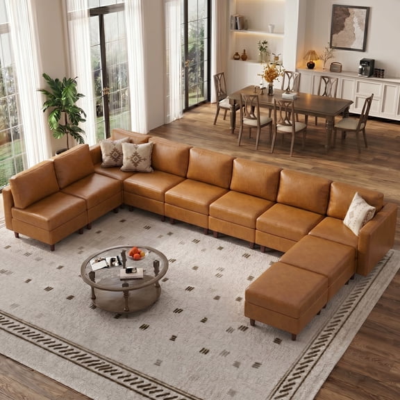 WACASA 172.5" Faux Leather Modular Sectional Sofa, Tool-Free Assembly U Shaped 10-Seater Cloud Couch with Storage Ottoman, Brown