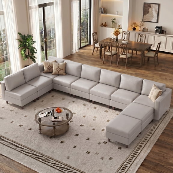 WACASA 172.5" Faux Leather Modular Sectional Sofa, Tool-Free Assembly U Shaped 10-Seater Cloud Couch with Storage Ottoman, Grey