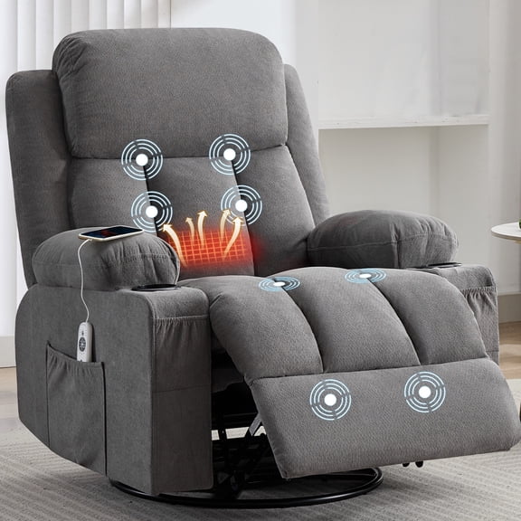 JULY'S SONG 360°Swivel Rocker Recliner Chair with Massage and Heat, Gilder Rocking Chair for Nursery with USB Port and Cup Holders, Manual Recliners for Living Room, Gray