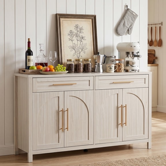 WACASA 55" Buffet Cabinet with Adjustable Shelves, Sideboard Kitchen Cabinet with Storage, 4-Doors 2-Drawers Mid-Century Modern Sideboard Storage Cabinet for Kitchen, Dining Room, White