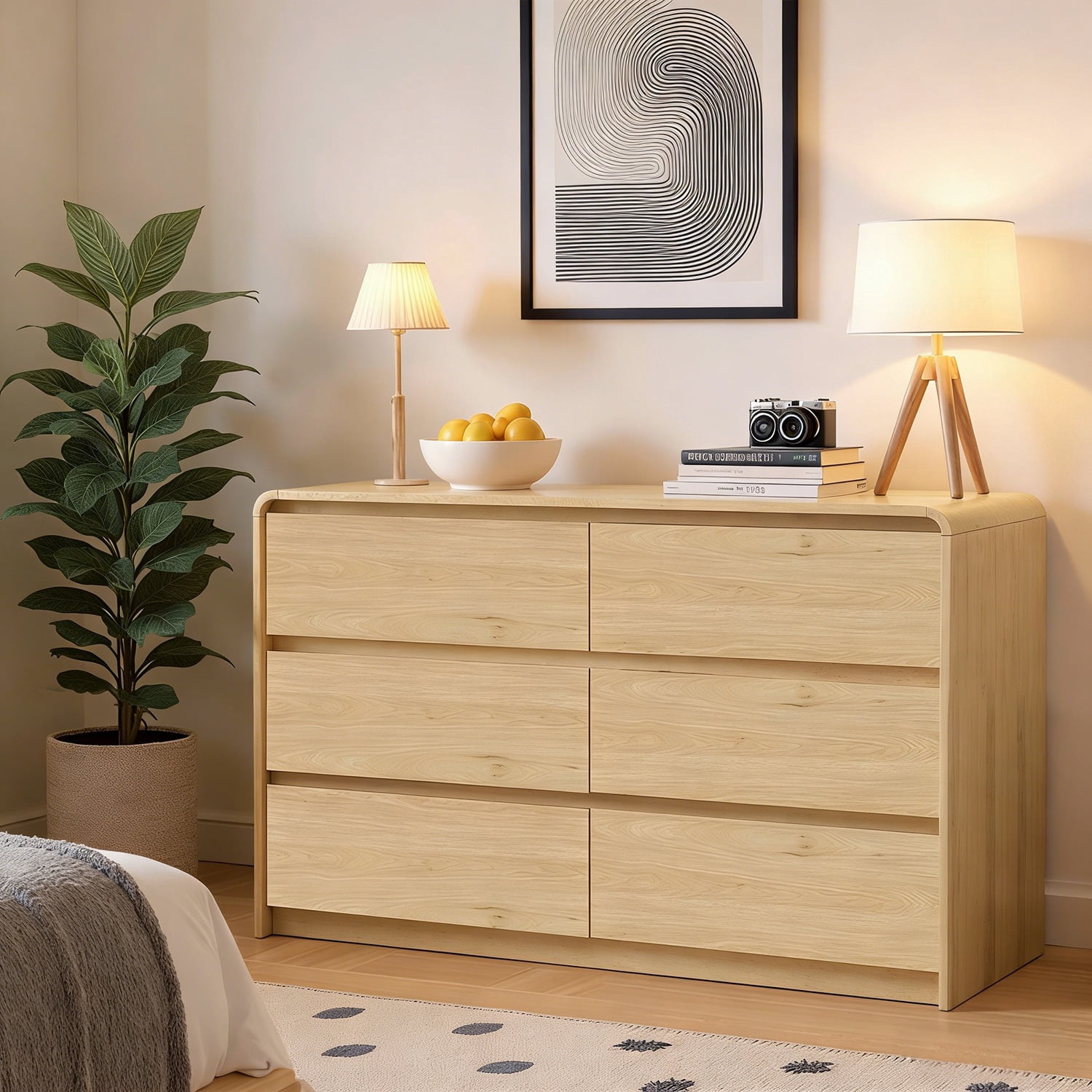WACASA 6 Drawer Dresser for Bedroom, Brown Bedroom Dresser for Closet with Round Edge, Modern Wood Dressers & Chests of Drawers for Living Room, Hallway