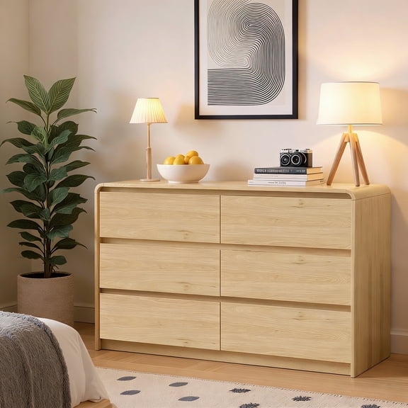 WACASA 6 Drawer Dresser for Bedroom, Brown Bedroom Dresser for Closet with Round Edge, Modern Wood Dressers & Chests of Drawers for Living Room, Hallway
