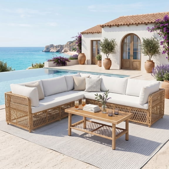 WACASA 6-Seater Outdoor Sectional Sofa Set, 29-Inch Deep Seats, Thick Cushions, PE Wicker L-Shaped Boho Patio Furniture with Storage Coffee Table and Rain Cover, Natural