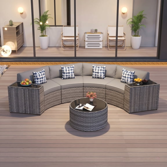 WACASA 7 Pieces Outdoor Patio Furniture Set, Sectional Round Sofa Conversation Set with Cushions, Glass-Top Coffee Table and Side Tables, Grey Rattan