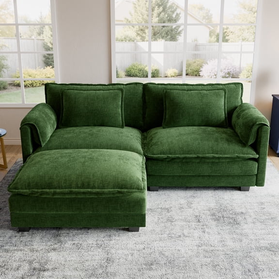 WACASA 86" Oversized Modular Sectional Sofa with 1 Movable Ottoman, 2-Seat L-Shaped Chenille Deep Seat Cloud Couch for Living Room, Green