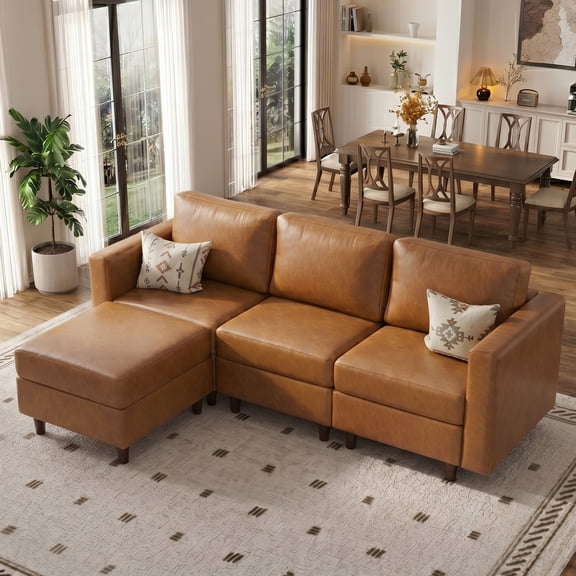 WACASA 91.5" Faux Leather Modular Sectional Sofa, Tool-Free Assembly L-Shaped 3-Seater Cloud Couch with Storage Ottoman, Brown