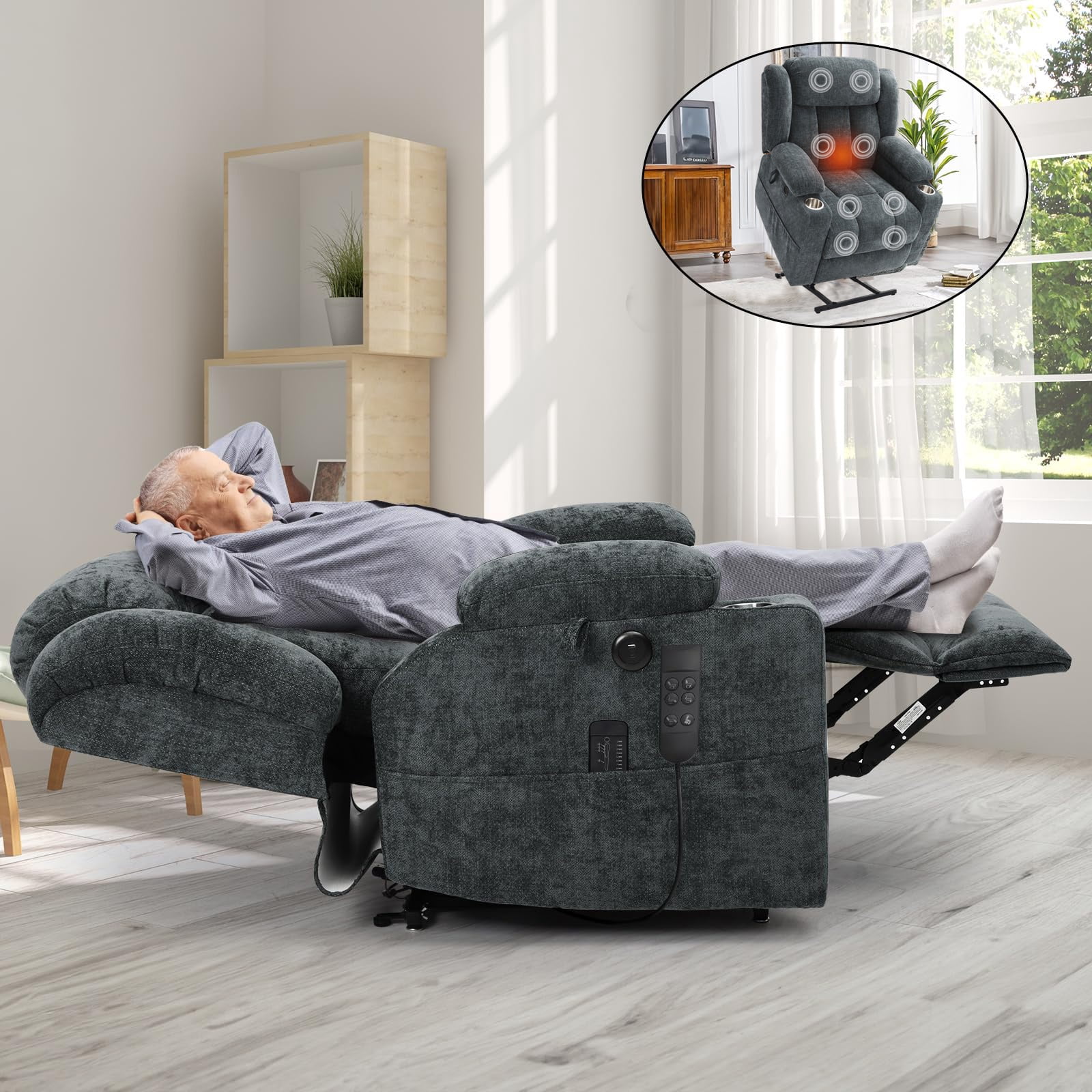 WACASA Lay Flat Recliner Chair with Heat and Massage, Dual Motor Lift Chairs for Elderly with Cup Holder, USB Ports, Oversized Power Recliners for Adults-Gray Blue