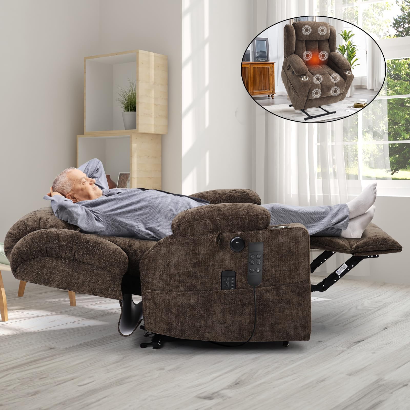 WACASA Lay Flat Recliner Chair with Heat and Massage, Dual Motor Lift Chairs for Elderly with Cup Holder, USB Ports, Oversized Power Recliners for Adults-Brown
