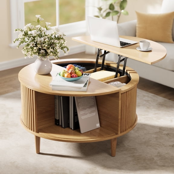 WACASA Lift Top Coffee Table with Storage, Mid Century Modern Round Coffee Tables for Living Room, 31.5" Wood Coffee Table with Cabinets & Sliding Doors, Light Brown