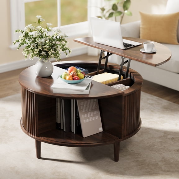 WACASA Lift Top Coffee Table with Storage, Mid Century Modern Round Coffee Tables for Living Room, 31.5" Wood Coffee Table with Cabinets & Sliding Doors, Walnut