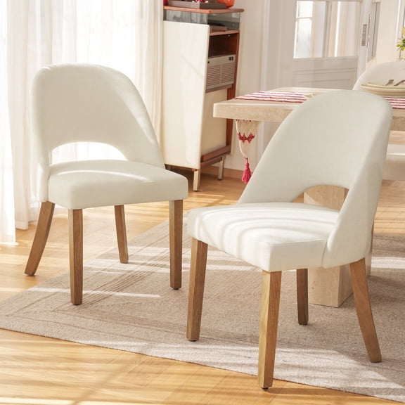 WACASA Mid-Century Modern Dining Chairs Set of 2, Upholstered Kitchen Chairs with Curved Back, Natural Wooden Frame Chenille Farmhouse Dining Chairs for Dining Table, White