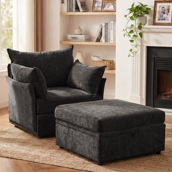 WACASA Oversized Accent Chair with Storage Ottoman, Cloud Chaise Lounge Armchair, Chenille Upholstered Reading Chair for Living Room, Black