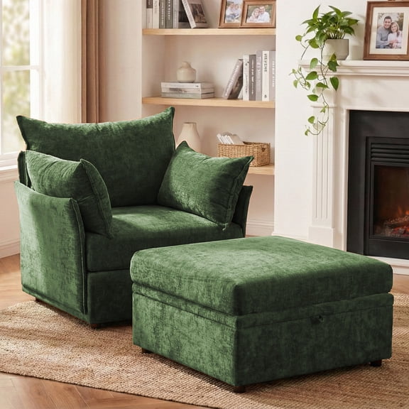 WACASA Oversized Accent Chair with Storage Ottoman, Cloud Chaise Lounge Armchair, Chenille Upholstered Reading Chair for Living Room, Green