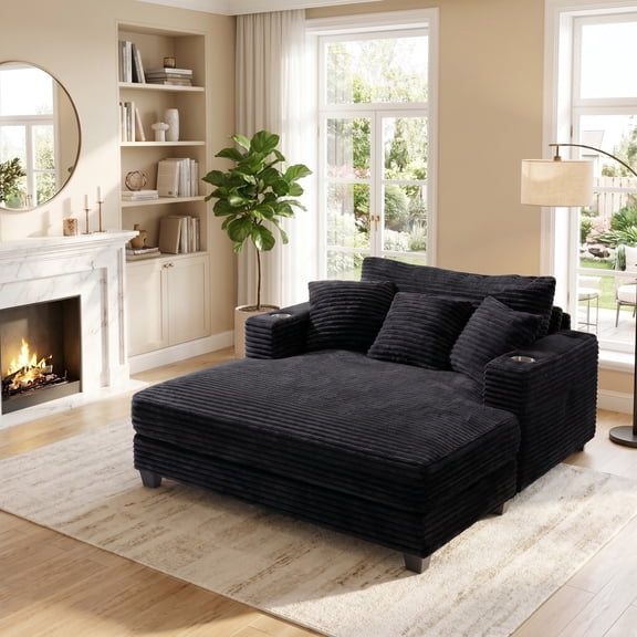WACASA Oversized Chaise Lounge Chair Indoor, 60"D Plush Upholstered Sofa Bed with USB Port and Cup Holders, Cozy Cloud Sleeper Sofa Couches for Living room, Bedroom, Black
