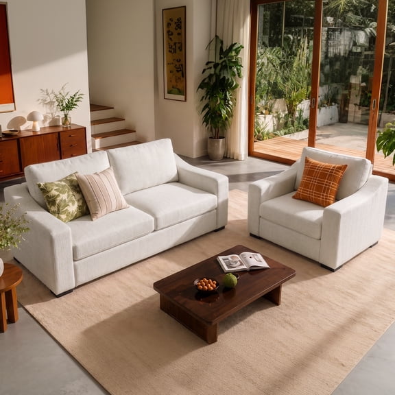 WACASA Oversized Modular Sectional Sofa, Loveseat Sofa Set, 47" Oversize Linen Accent Chair and 85" Modern Loveseat Sofa Deep Couch for Apartment, Living Room, Solid Wood Frame, Beige