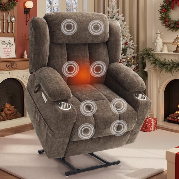 WACASA Power Recliner Chair with Heat and Massage, Lift Chairs for Elderly with Cup Holders, Heavy Duty Oversized Recliners for Adults with Charging ports, Chenille Brown