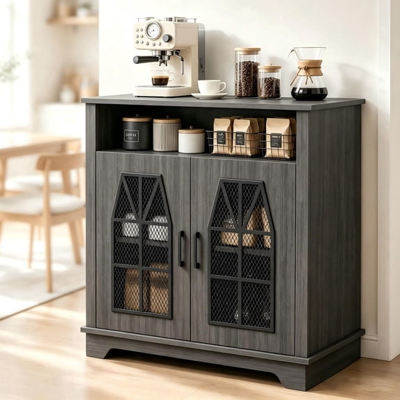 WACASA Sideboard Buffet Cabinet with Storage, Modern Black Kitchen Buffet with Metal Mesh Door & Adjustable Shelf, Wood Coffee Bar Cabinet for Living Room, Dining Room