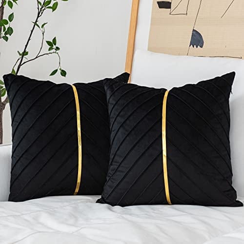 Black Velvet and Gold Leather Square Pillow Covers 18x18, Set of 2