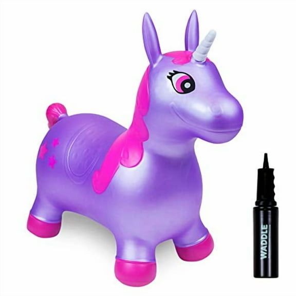 WADDLE Bouncy Hopper Inflatable Hopping Animal, Indoors and Outdoors Toy for Toddlers and Kids, Pump Included, Boys and Girls Ages 3 Years and Up (Purple Pink Unicorn)