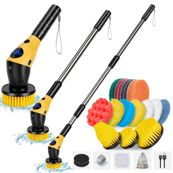 WADEO Electric Spin Scrubber, Cordless Cleaning Brush with 17 Replaceable Brush Heads, 3 Adjustable Speeds, Adjustable & Detachable Long Handle