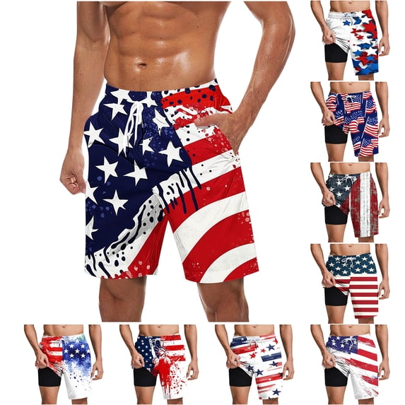 WAENQINLA 2 in 1 Men's USA American Flag Swim Trunk Quick Dry Summer Board Shorts with Liner Elastic Waist Drawstring Beach Shorts