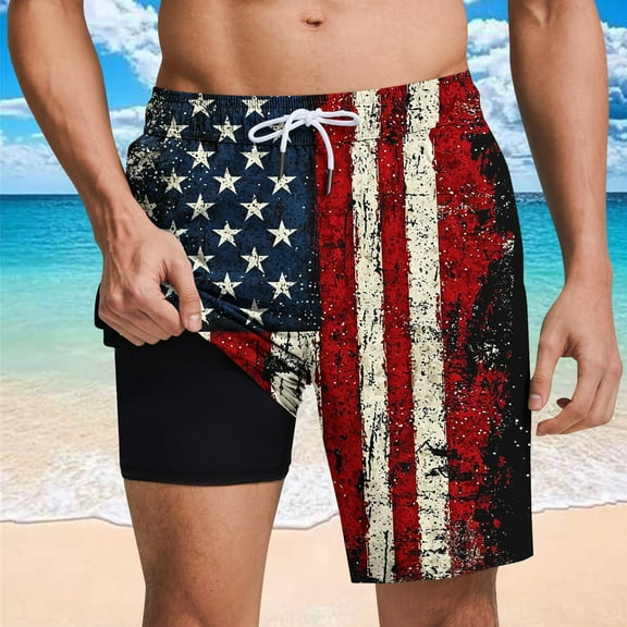 WAENQINLA 2 in 1 Mens Swim Trunks Quick Dry USA Flag Board Shorts with Lining Elastic Waist Drawstring Swimsuits with Pockets Mens Beach Shorts Clearanc