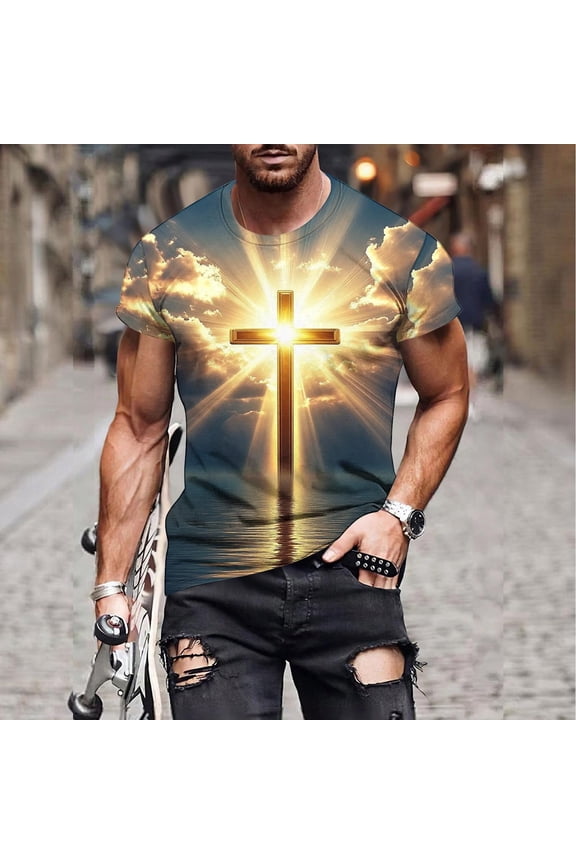3D Graphic T Shirts for Men Jesus Cross Printed Casual Short Sleeve Tee Summer Crewneck Shirt Christian Religious Tops