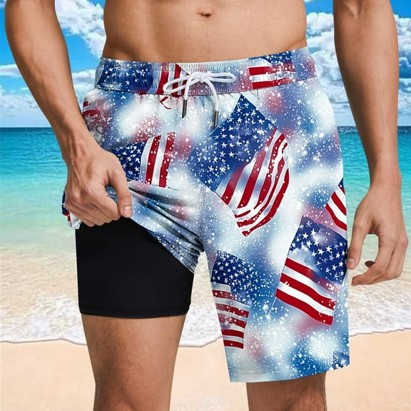 WAENQINLA 4th of July Men's Quick Dry Swim Trunk Big and Tall Patriotic Quick Dry Board Shorts Drawstring USA Flag Bathing Suit Mens Beach Shorts Clearance