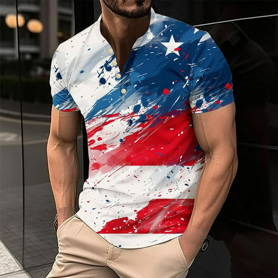 WAENQINLA 4th of July Henley Shirts for Men American Flag Patriotic Tops Big and Tall Short Sleeve Summer Tees Casual 4 Button Patriotic Shirt