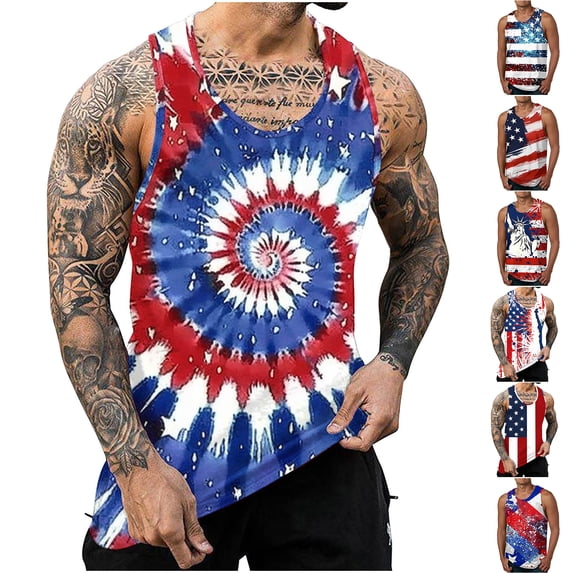 WAENQINLA 4th of July Mens Tank Tops Summer Distressed Patriotic Sleeveless Shirts Stars and Stripes Print Workout Muscle Tanks