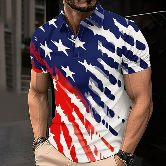 WAENQINLA 4th of July USA Golf Shirts for Men Short Sleeve Patriotic Graphic T Shirts Big and Tall American Flag Button Collar T Shirt
