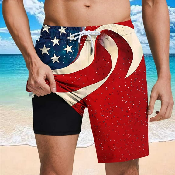 WAENQINLA American Flag Mens Swim Trunks Summer Independence Day Patriotic Swimming Trunks Above Knee Swimwear Bathing Suits