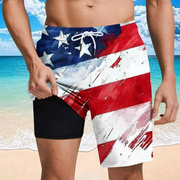 WAENQINLA American Flag Swimming Shorts for Men 2 in 1 Holiday Swim Trunks with Pockets Elastic Waist Drawstring Hawaii Beach Shorts Men Shorts Under $6