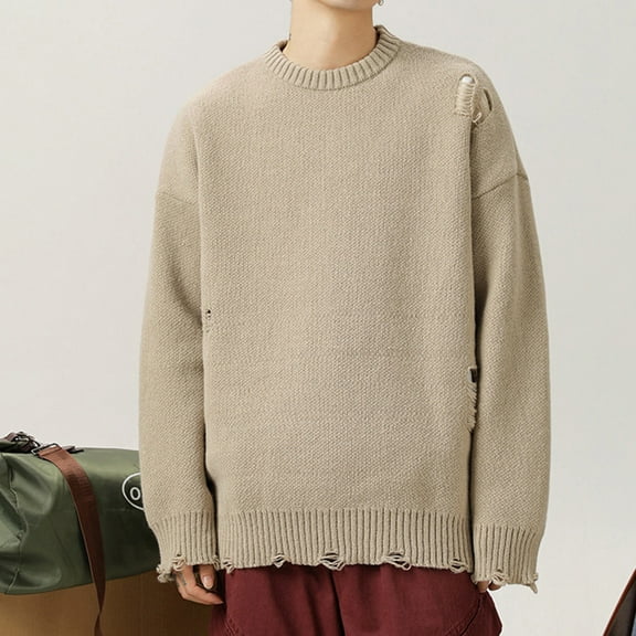 WAENQINLA Basic Sweaters for Men Long Sleeve Oversized Chunky Pullovers Y2k Ripped Knitted Jumpers Gray XXL