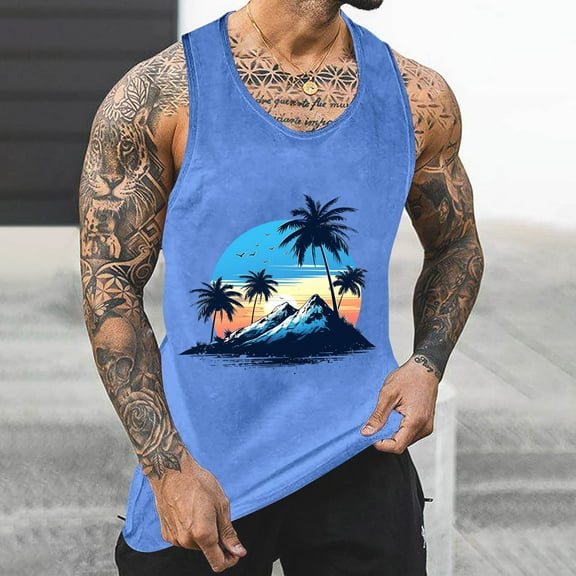 WAENQINLA Big and Tall Graphic Tank Tops for Men Summer Sleeveless Tee Sunset Coconut Print Graphic Shirts Casual Loose Pullover
