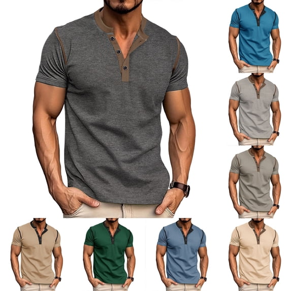 WAENQINLA Big and Tall Henley Shirts for Men Short Sleeve Button V Neck Cotton T-Shirts Color Block Soft Lightweight Shirts Khaki T Shirts,Size S-3XL
