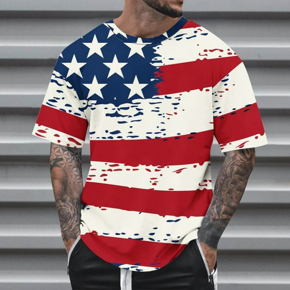 WAENQINLA Big and Tall Men's Short Sleeve T-Shirt Fashion Patriotic American Flag T Shirts Summer Striped Print Crewneck Tees
