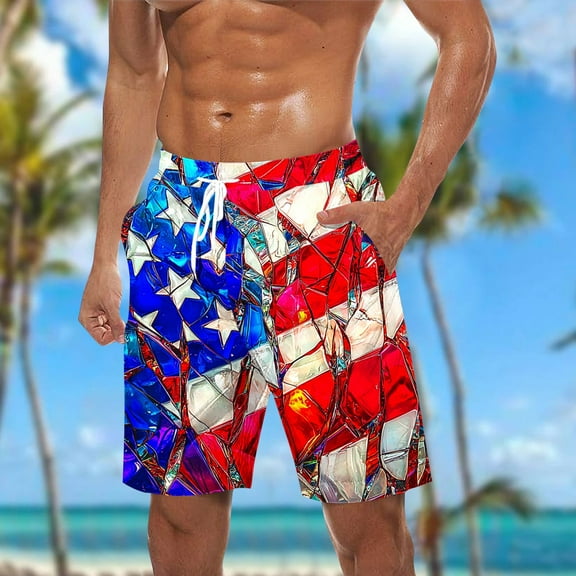 WAENQINLA Big and Tall Swimming Trunks for Men America Flag Quick Dry Board Shorts Elastic Waist Drawstring Beach Shorts Swimsuits with Pockets